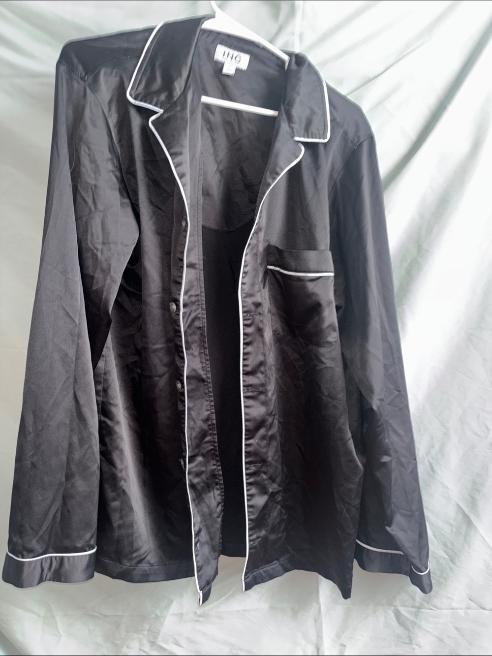INC International Concepts Black Satin Pajama Shirt with White Piping